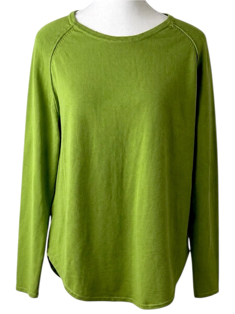 Jeanne Pierre Green Cotton Sweater Womens Large Raglan Sleeve Curved Hem